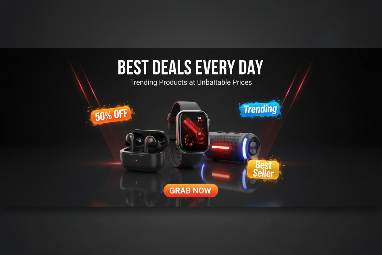 Design a promotional ecommerce banner for a dropshipping store.

Scene:
Dark or gradient background (black / dark grey / red accents).
Featured hot-selling products in center.
Discount badges like “50% OFF”, “Trending”, “Best Seller”.

Text on banner:
Main Heading:
"BEST DEALS EVERY DAY"

Subheading:
"Trending Products at Unbeatable Prices"

Button:
"GRAB NOW"

Style:
Bold, eye-catching
Sales-focused
Modern ecommerce look
High quality product lighting
Aspect ratio: 16:9
